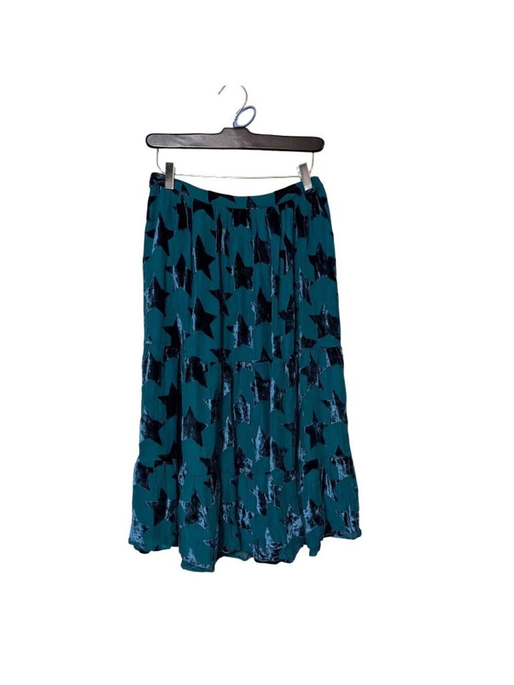 Maeve Teal Star Print Midi Skirt‎ XS 69% Viscose 31% Silk whimsygoth boho fairy